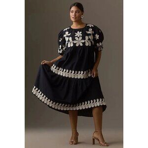 By Anthropologie Embroidered Puff-Sleeve Midi Dress Cotton Floral Boho Black XS